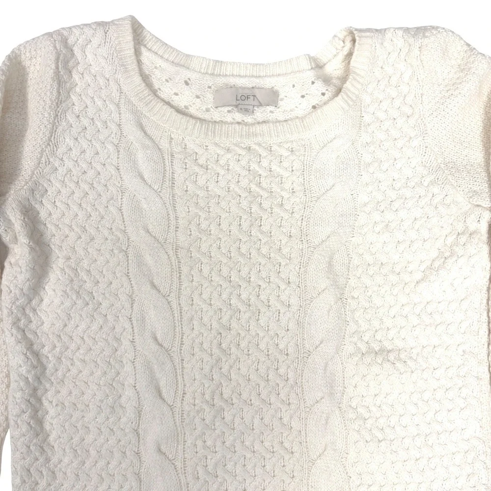 LOFT Cable Knit Sweater Cream Wool Rabbit Hair Blend Womens M 3/4 Length Sleeve